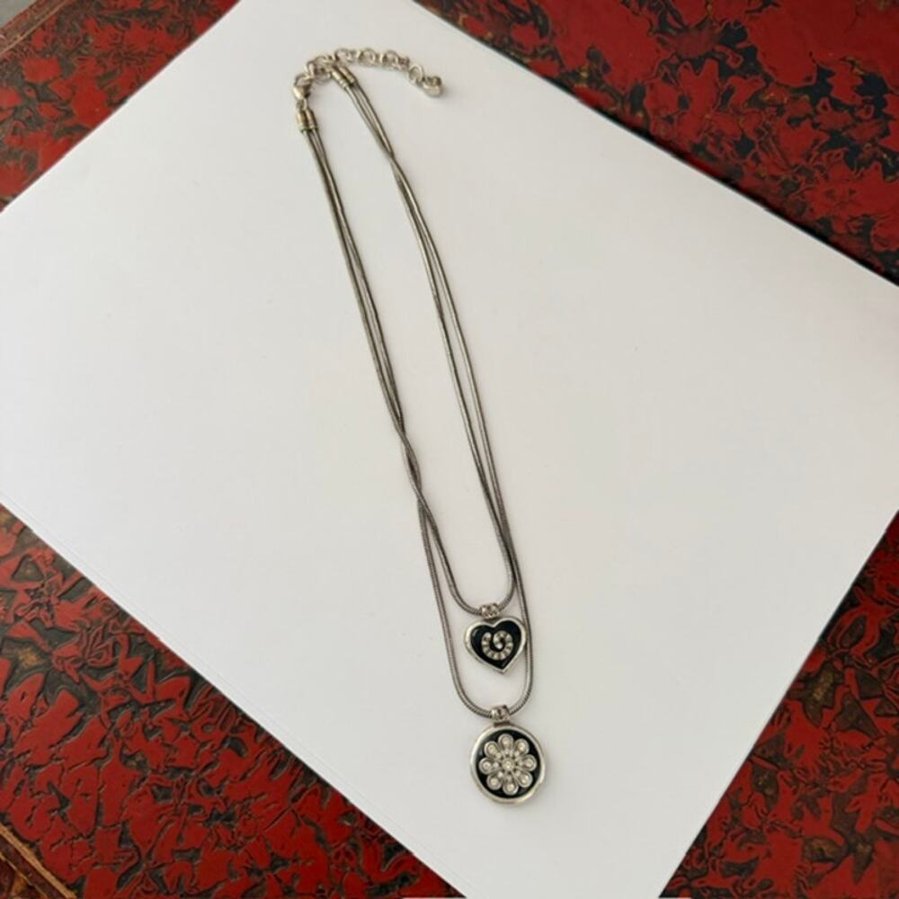 Brighton Double Strand Double Pendant Necklace Heart & Flower Design w/Crystals